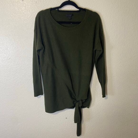 J Crew Green Crewneck Tie Asymmetric Hem Long Sweater Size Small Oversized - Picture 2 of 9